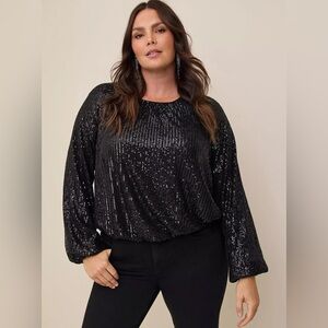 Torrid Sequin Embellished Bubble Hem Long Sleeve Top Size 1X Black Shiny